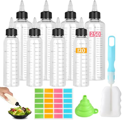 Plastic Squeeze Bottle, 8 pieces Sauce Bottle 120ml/250ml, Squeezy Bottles with Nozzles and Scale, No Leak Condiment Bottle with Funnels Labels Brushes for Condiments Oil Icing Liquids Art Crafts