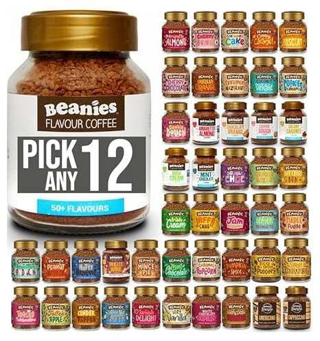 Beanies Flavoured Instant Coffee Pick Any 12 Jars (50g) from 38+ Blends Inc. Chai Latte, Nutty Hazelnut, Mocha, Creamy Caramel, Amaretto Almond, double chocolate, mince pie