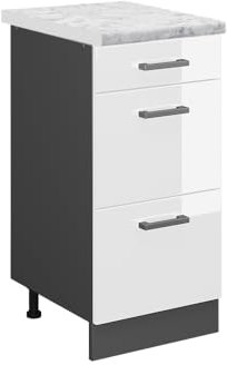Vicco Schubladenschrank R-Line, Schubladenschrank für die Küche, Weiß Hochglanz, 40 cm AP Marmor