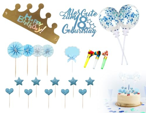 Lhbwhiz 22 Stück Tortendeko 18 Geburtstag,18 Jahre Happy Birthday Kuchendeko,18ter Mädchen Jungen Glitzer Cake Topper,Kuchen Party Dekoration mit Sternen,Konfetti-Luftballons und Papierfächer(Blau)