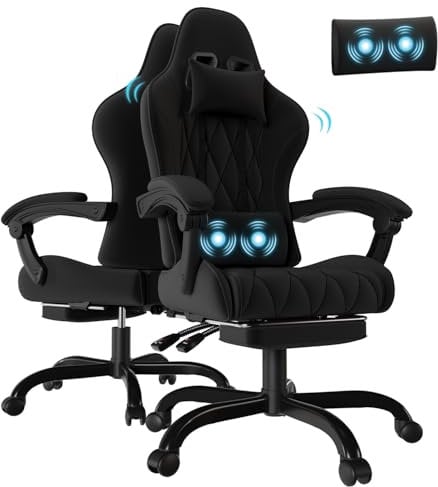 Flamaker Gaming Stuhl Stoff mit Fußstütze, Massage Computer Bürostuhl mit Linkage Armlehnen, Hohe Rückenlehne Ergonomischer PC Racing Chair für Erwachsene, Schwarz