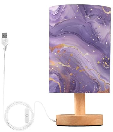 SKYSHU Lampada da comodino in marmo viola, piccola lampada da scrivania a LED, lampada USB con base in legno antiscivolo e paralume per soggiorno, camera da letto, dormitorio, casa, ufficio