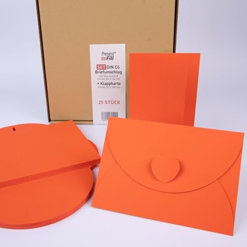 PresentFill® - blanko Falt-Karten inkl. Briefumschläge mit Herz Verschluß - 25er Set - Orange - Klappkarten zum selbst gestalten, beschriften oder bedrucken - DIN A6 / C6