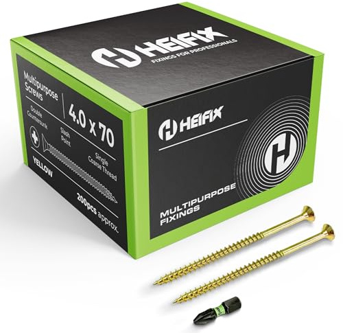 Heifix Multi-Purpose Pozi Wood Screws - 4 x 70mm, 1000 QTY, FREE Screw Bit | Multi-purpose Wood Screws For Timber, DIY And General Fixing. Double Countersunk Pozi Design With FREE Matching Screw Bit.