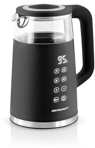 Berdsen Wasserkocher Edelstahl 1,7 L Fassungsvermögen Temperaturwahl Temperatureinstellung Warmhaltefunktion Touchpanel 2200 Watt Doppelwand Pirouettenbasis Wasser Kocher Leise Schwarz