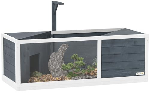 PawHut Schildkrötenhaus aus Holz, Schildkrötengehege mit Zwei Haupthäusern, aufklappbarem Oberseite, Lichtständer, transparenter Frontplatte, 120 x 50 x 40 cm, Grau