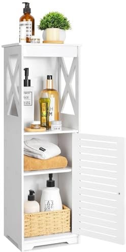 3 Tier Bathroom Floor Cabinet, White Bathroom Storage Unit with Door, Free Standing Shelf Display Cabinet Home Storage Furniture Organizer for Living Room, Bedroom, Kitchen, Balcony or Office