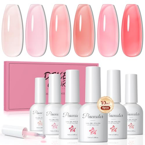 PEACECOLOR UV Nagellack Set Transparent, 6 Farben Rosa Nude Transparent UV Gelnägel Soak off Gel Nail Polish 10ML, DIY Nägel Starter Set