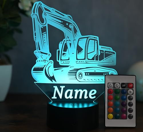 Optechvisual Personalisierter LED Bagger – Nachtlicht mit Name – Geschenk für Jungs & Bagger-Fans – Bagger Deko fürs Kinderzimmer – LED Lampe für kleine Baggerfahrer