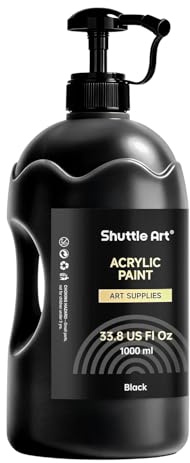 Shuttle Art Acrylfarbe Schwarz 1000ml, schwarze Acrylfarben Set in Pumpflasche mit Deckel, wasserfeste Acrylic Paint Set, schwarze Acryl Farben für Leinwand, Künstler, Holzfarbe, Wandfarbe schwarz