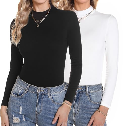 Aottori Womens 2 Pack Long Sleeve Tops Ladies Turtle Neck Thermal Base Layer Underwear Lightweight Cotton T Shirts Basic Polo Neck Pullover