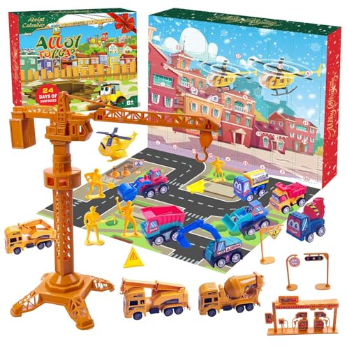 TIMVIEA Adventskalender 2026 Kinder Baufahrzeuge - 24-tägiges Konstruktionsspielzeug mit Kran, Bagger & Planierer, Lernspielzeug Geschenk für Kinder ab 6 Jahre