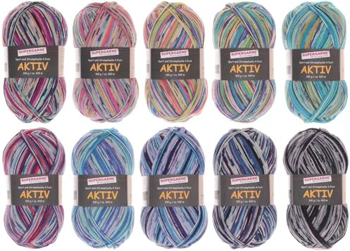 SUPERGARNE Sockenwolle Aktiv 4-fädig – 1000 g (10x100g), Strapazierfähig, Maschinenwaschbar, Made in Italy, Ideal für Socken und Strickprojekt (4HER)