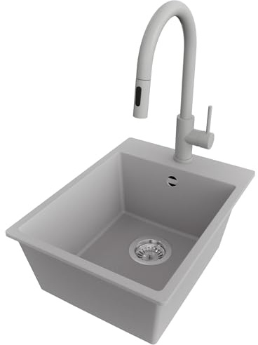 PRIMAGRAN Granitspüle ab 40er Unterschrank + Küchenarmatur, 38x50cm | Set: Küchenarmatur BW9010 + Ablauf-Set (Siphon, Ablaufgarnitur, Überlauf) + Spülbecken 1 Becken - Riga, Grau