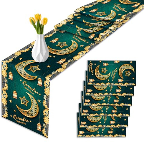 6 Stück Ramadan Tischläufer Grün Ramadan Eid Mubarak mit Mond Stern Muster Party Dekoration Islamische Tischdecke für Iftar und Fest Festival Party Zubehör,275x35cm