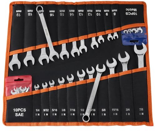 VEVOR Combination Wrench Set, 42-Piece SAE and Metric, 12-Point Box End and 15° Angled Open End Combination Wrenches with Roll Up Pouch, Carbon Steel, for General Household and Automotive Repairs