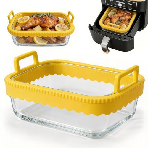 yolzhxe Moldes de Cristal para Freidora de Aire, 900 ML con Mango Extraíble | Recipiente Cristals Air Fryer, Bandeja Horno Cristal Para Freidora de Aire Ninja AF400EU AF500EU SL400EU