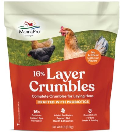 Manna Pro Chicken Feed, 16% Protein Layer Crumbles with Probiotics for Digestive Health, Complete Feed for Laying Hens to Support Egg Production, Nutrient-Rich Chicken Food, Made in USA, 8 lb Bag