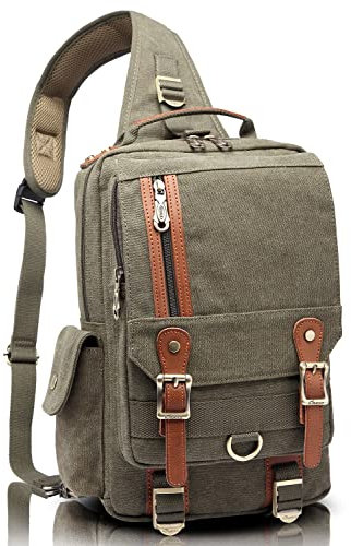 KAUKKO Retro Herren Brusttasche Damen Schultertaschen Vintage Canvas Freizeit Daypacks für Uni Alltag Gebrauch Reisen Wanderen, Army Green-PD252