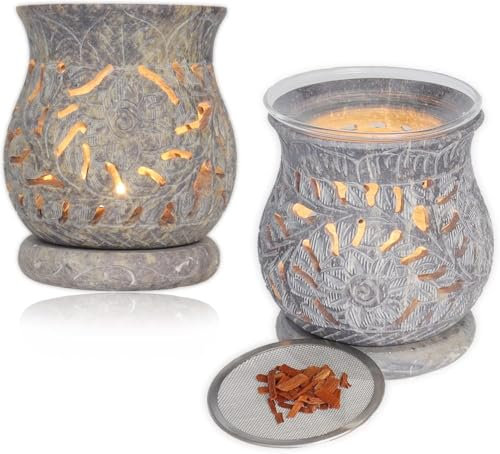 Budawi® Aroma Duftlampe aus Speckstein Motiv Blume mit Glasschale und Sieb Räucherstövchen Duftlicht Aromalampe Raumduft