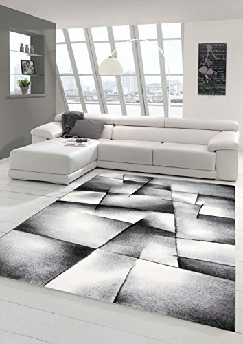 Teppich-Traum Designer Teppich Moderner Wohnzimmer Kurzflor Konturenschnitt Karo Muster Grau Schwarz Weiss Größe 200 cm Rund