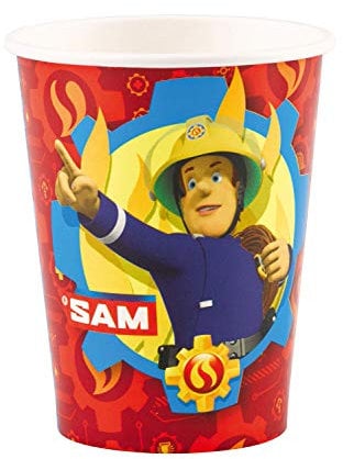 Amscan 9902176 - Becher Feuerwehrmann Sam, 8 Stück, Papier, 250 ml, Pappbecher, Einwegbecher