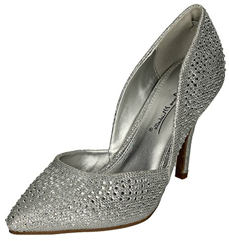 Anne Michelle Ladies High Heel Waisted Court Shoes - Silver Glitter - UK Size 5 - EU Size 38 - US Size 7