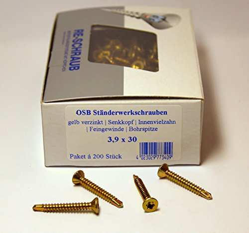 200 Stück RE-SCHRAUB OSB Ständerwerkschrauben 3,9 x 30 mm gelb verzinkt Torx TX 20 Verlegeplattenschrauben