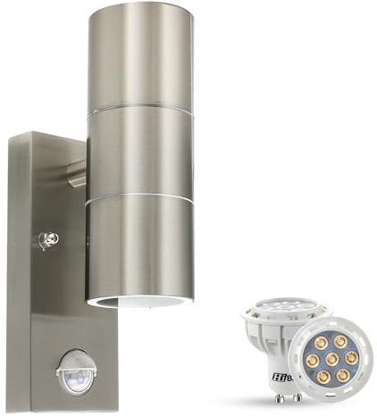 HiBay Outdoor UP Down Wall Lights IP44 PIR Motion Sensor LED Sconce Lamp Stainless Steel Garden Security Light with LED Bulb Warm White 240V,1 Unit