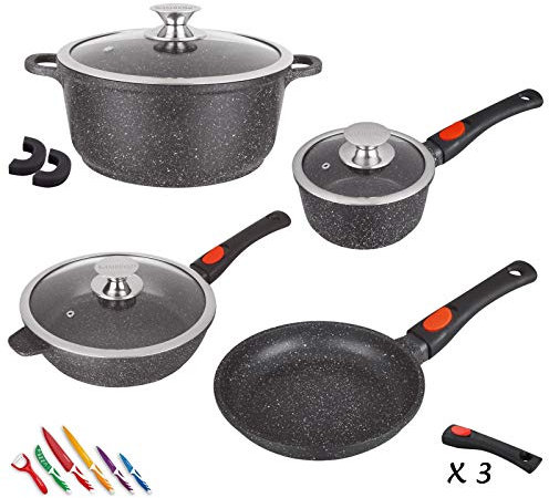 Kamberg - Set Lot Batterie de cuisine 10 pièces - Fonte d'aluminium - Revêtement pierre - Manche Amovible - Tous Feux dont Induction - Sans PFOA - 0008166