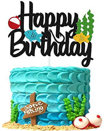 Gone Fishing Cake Topper Bobber Fish Little Fisherman Theme Cake Decorations for Kids Baby Boy Girl Happy Birthday Party Supplies Double Sided Black Sparkle Decor