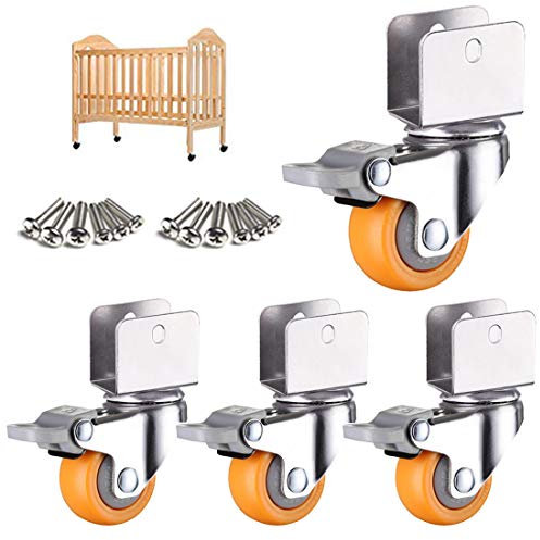 FENGSHOUU Lenkrollen für Kinderbetten mit U-Förmige Halterung, 1.5 Zoll 38 mm Möbelrollen aus Nylon, Gelb Babybettrollen Transportrollen Rollen, Tragfähigkeit 75kg, 4er-Set, mit Schrauben(+brake25mm)