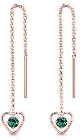 DTPsilver® 925 Sterling Silver Rose Gold Plated Pull Through Drop Chain Earrings & Dangling Heart with SMALL Round 3 mm Crystals from Swarovski® Elements - Length 68 mm - Colour : Green Emerald