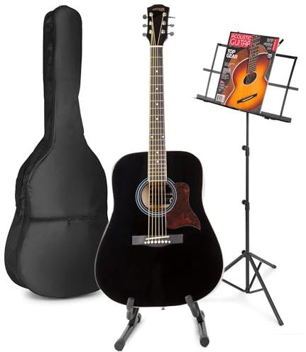 MAX SoloJam Akustik Gitarre Set - Westerngitarre, Notenständer,Gitarrentasche, Plektrum, Gitarrenstimmgerät, Saiten, Gitarren-Starterset mit Zubehör - Schwarz