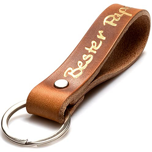 ELBERCRAFT® Schlüsselanhänger Leder bester papa Geschenk für Frauen oder Männer pflanzlich gegerbt braun mit gravur gold 12 cm made in Germany Leather Keychain