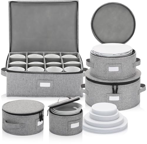 Stack Store Plus More Porzellan-Aufbewahrungs-Set für Teller, Tassen und Tassen, 5-teiliges Set, Hartschale und stapelbar, innen vollständig gepolstert, 48 Trennwände im Lieferumfang enthalten