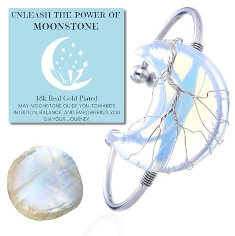 HALUKAKAH Bracelet en Pierre de Lune - AMOUR LUNAIRE - Fil Arbre de Vie Plaqué Platine Fait à la Main, Pendentifs en Forme de Lune en Cristal Naturel Taille Réglable