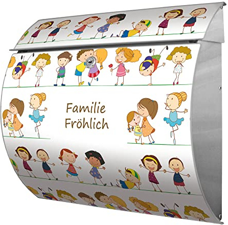 banjado® Burgwächter® Briefkasten Edelstahl mit Motiv Kinder/Edelstahl Briefkasten mit Namen personalisierbar/Briefkasten ohne Zeitungsfach mit Kippdach & Öffnungsstopp, 2 Schlüssel