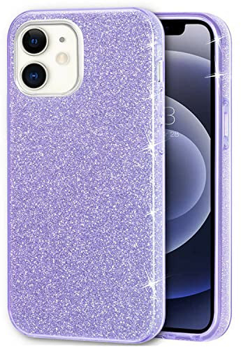 Mixroom - Custodia Cover per iPhone 12 Case in TPU Morbido Lilla con Brillantini Glitter 3 in 1
