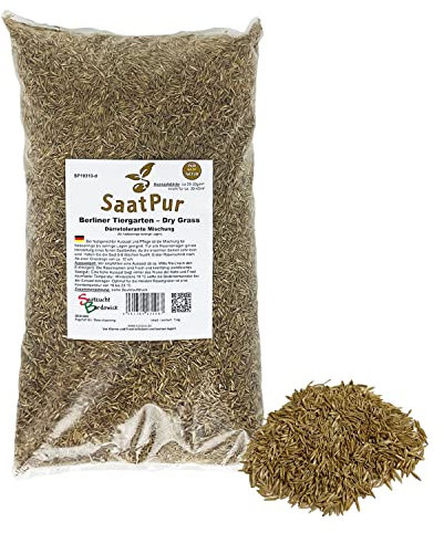 SaatPur® Rasensamen Berliner Tiergarten Dürreresistent 1kg für ca. 40 m², Mehrjährige Gebrauchsrasen Rasenmischung aus mehreren Rasenarten, meistens 4 bis 5, satt grün, Neusaat und Nachsaat