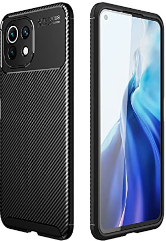 PEIYE Cover per Xiaomi Mi 11 Lite NE | Mi 11 Lite 5G | Mi 11 Lite, Silicone TPU Custodia [ Fibra di Carbonio ] -Nero