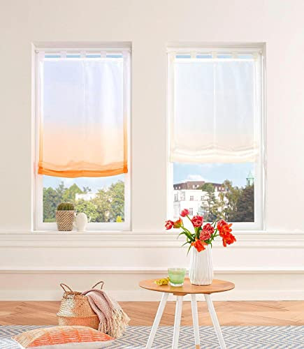 Devola Raffrollo Farbverlauf Vorhang transparent Voile Raffgardinen Modern Rollo mit Kordelzug Küchengardine mit Schlaufen Faltvorhang BxH 80x150cm Orange 1er Pack
