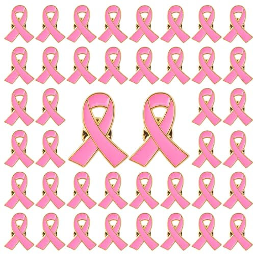 CRAFFANCY Octobre Rose Lot de 50 broches en émail pour femme avec ruban rose symbole officiel de sensibilisation au cancer du sein avec bordure dorée
