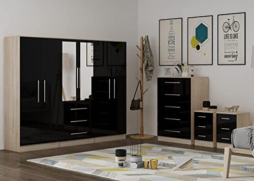 Unique Furnishings Gloss Black Large Wardrobe Set - 6 Door 3 Drawers & Long Mirror + Chest Of Drawers + 2x Bedsides