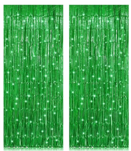PIGETALE 2 Pack 3.2 ft x 8.2 ft Green Tinsel Foil Fringe Curtain Party Backdrop, Sparkle Tinsel Metallic Curtains Background Hanging Streamers for Birthday School Graduation Christmas Decorations