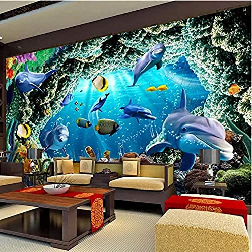 Papier Peint Mural Dauphin Poisson Animaux Marins Papier Peint Peler Et Coller Pour Salon Bureau Hôtel Chambre Salle À Manger Décor À La Maison Autocollants Muraux Amovibles Art Mural 200(L)x150(H) cm