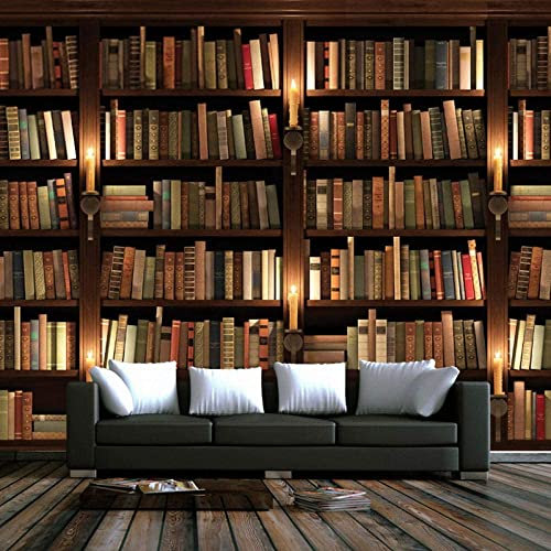 Photo Wallpaper 3D Vintage Bookcase Book Shelf Photo Wallpaper Self-Adhesive Mural Living Room Tv Sofa Bedroom Background Wall Decor Peel and Stick Wall Art Removable Wall Stickers 157X 110