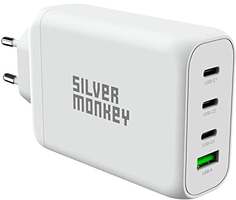 Silver Monkey® 130W GaN Ladegerät Universal für Handy Smartphone Tablet Laptop Smartwatch | Netzladegerät Wandladegerät | 4 Geräte | Power Delivery | QC 3.0 Quick Charge Schnellladen | Galliumnitrid