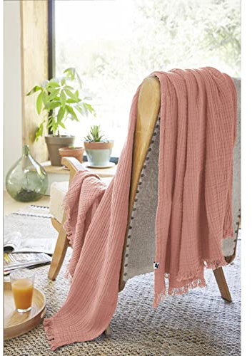ACTOME Plaid à Franges en Gaze de Coton 130 x 160 cm Gaia Rose pêche