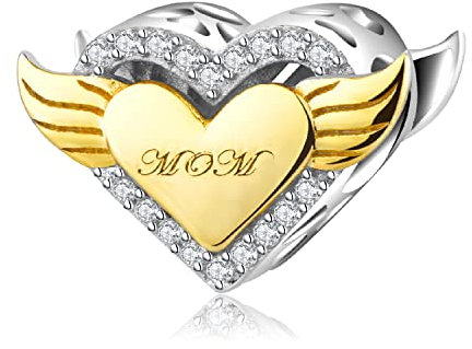 Les Folies - Abalorio de plata 925 con forma de corazón y alas de ángel para Pandora, Plata de ley, Circonita cúbica